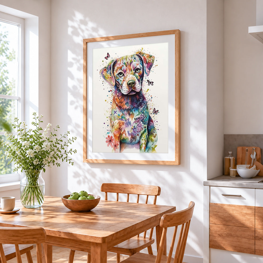 Colourful watercolour floral puppy cross stitch artwork displayed on wall as home decor