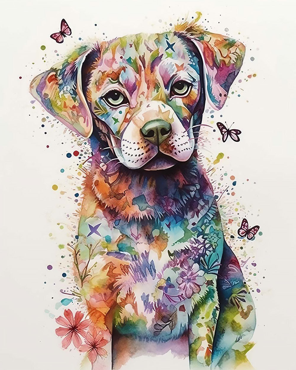 Colourful watercolour floral puppy paint by numbers kit for beginners