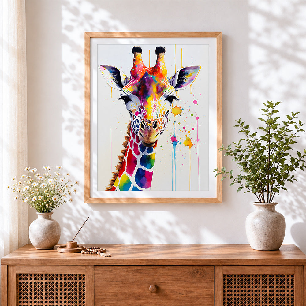 Finished colourful watercolour giraffe splatter cross stitch artwork displayed