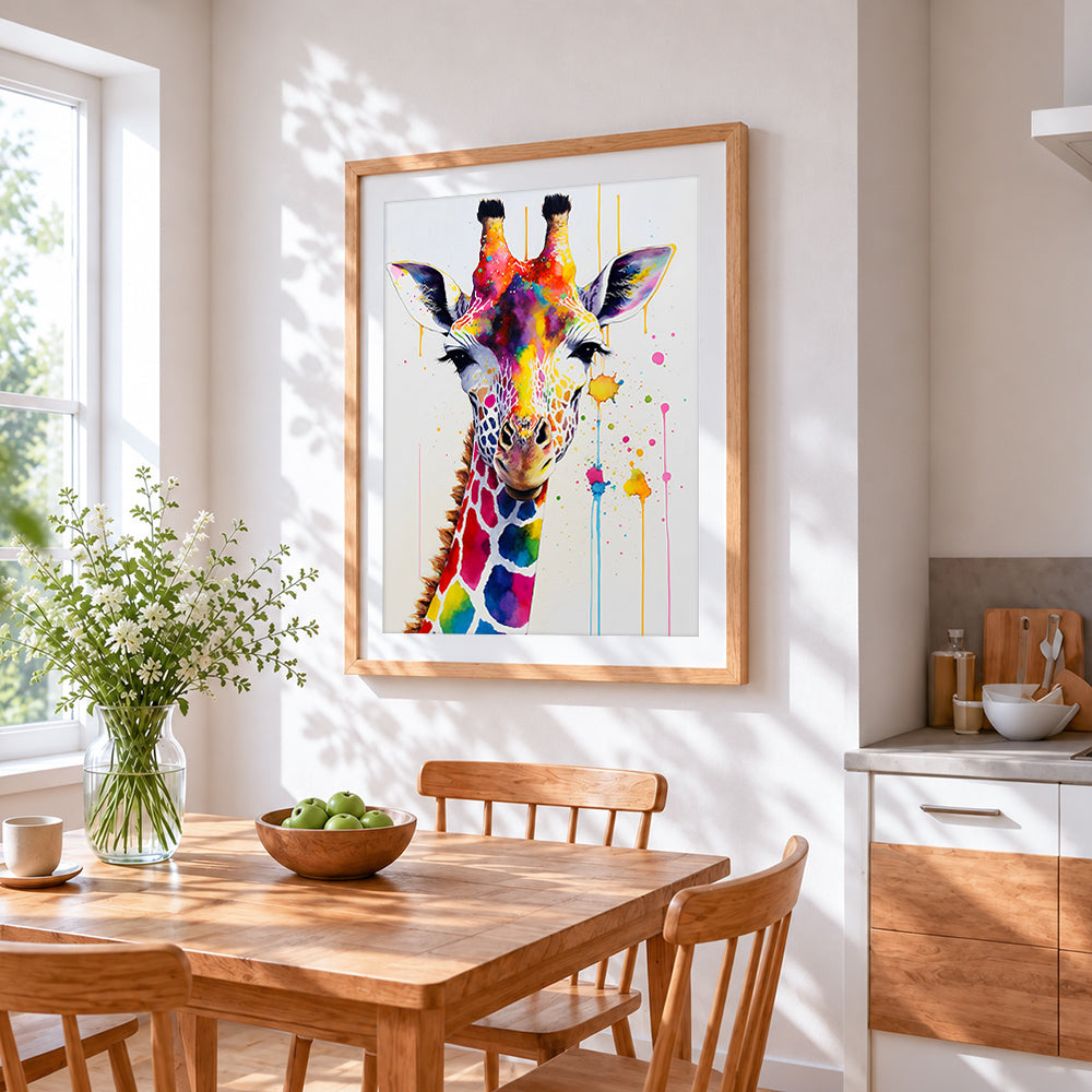 Colourful watercolour giraffe splatter cross stitch artwork displayed on wall as home decor