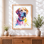 Finished colourful watercolour labrador cross stitch artwork displayed