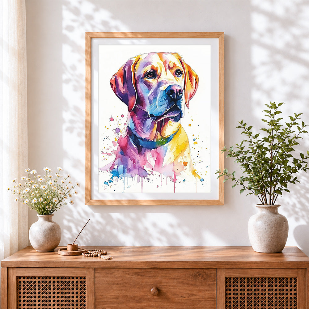 Finished colourful watercolour labrador cross stitch artwork displayed