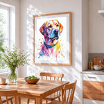Colourful watercolour labrador cross stitch artwork displayed on wall as home decor