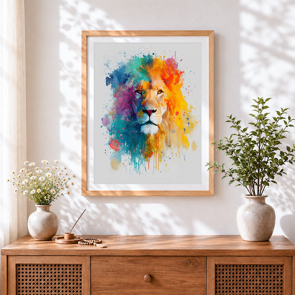 Finished colourful watercolour lion cross stitch artwork displayed