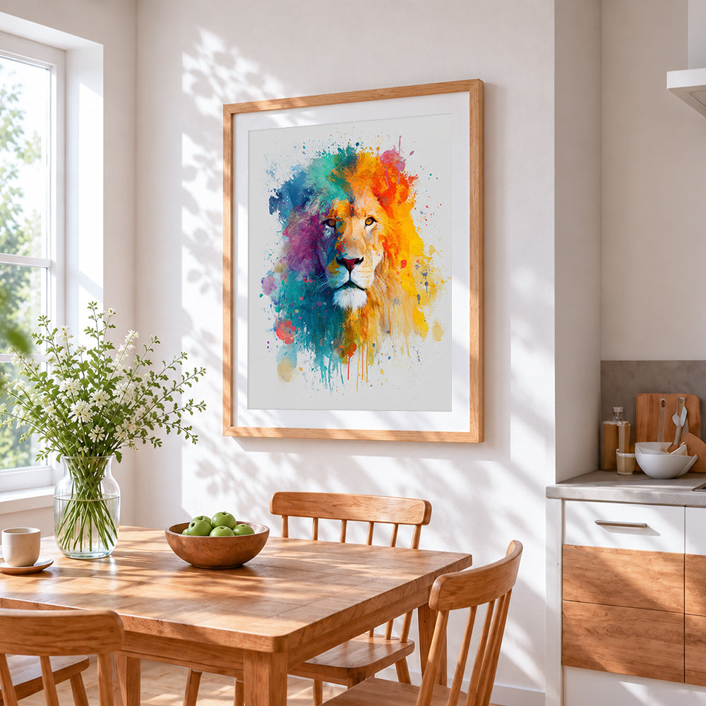Colourful watercolour lion cross stitch artwork displayed on wall as home decor
