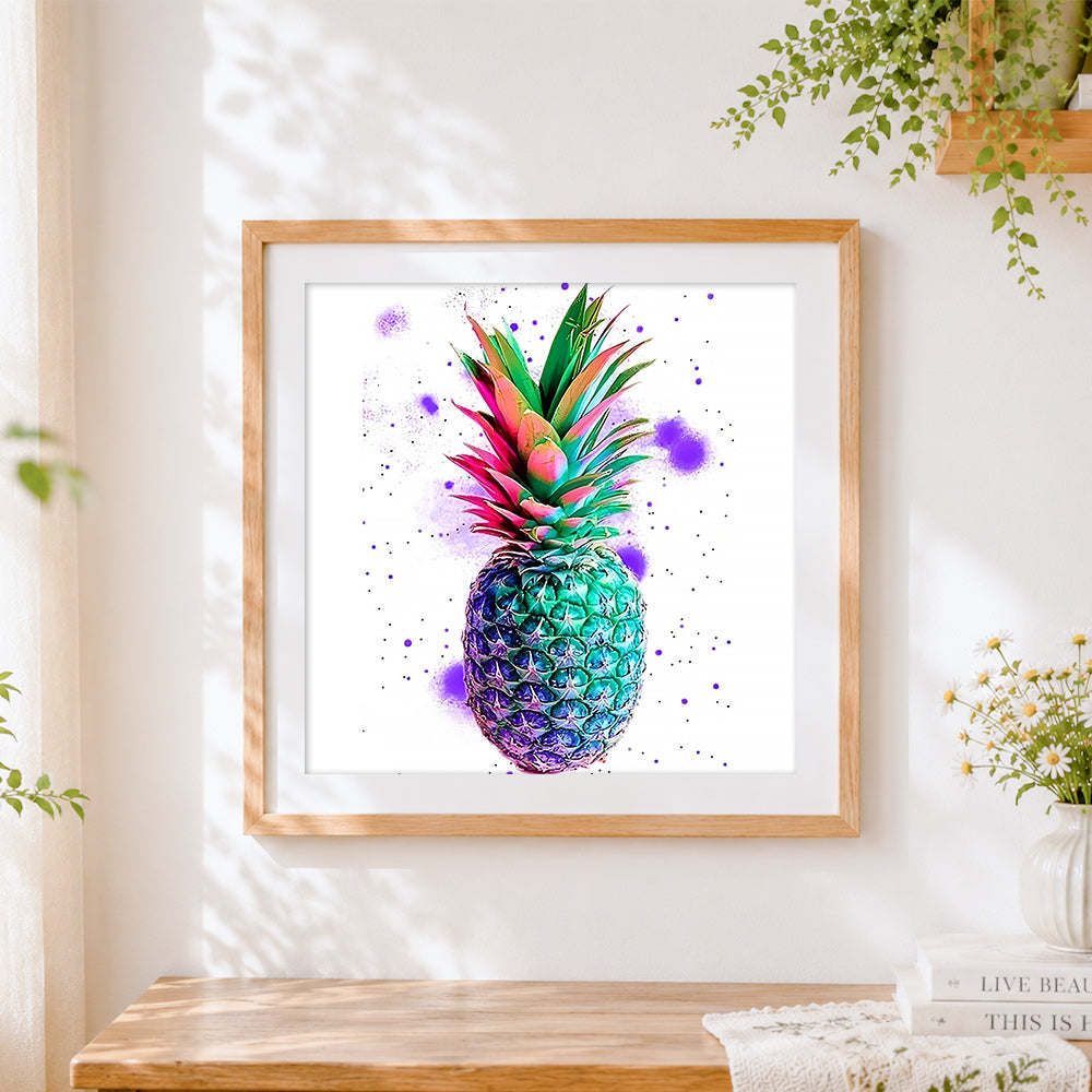 Finished colourful watercolour pineapple cross stitch artwork displayed