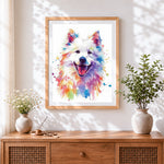 Finished colourful watercolour pomeranian cross stitch artwork displayed