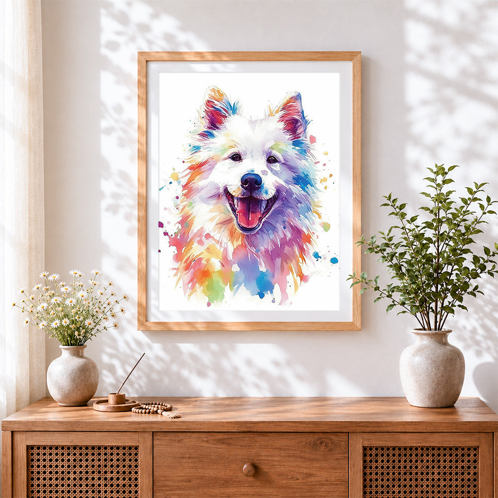 Finished colourful watercolour pomeranian cross stitch artwork displayed