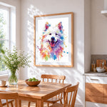 Colourful watercolour pomeranian cross stitch artwork displayed on wall as home decor