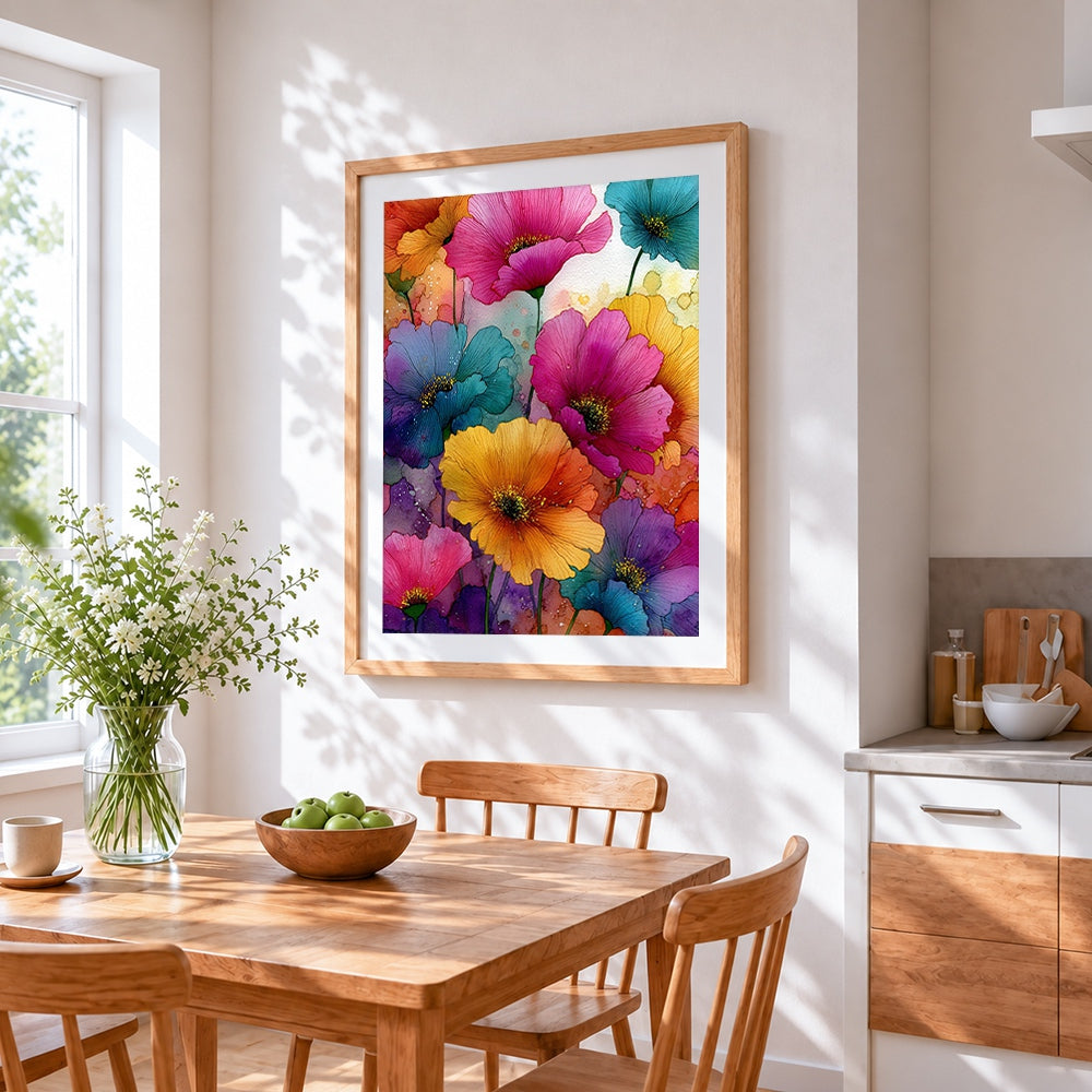 Colourful watercolour poppies cross stitch artwork displayed on wall as home decor