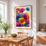 Colourful watercolour poppies cross stitch artwork displayed on wall as home decor