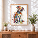 Finished colourful watercolour puppy and butterflies cross stitch artwork displayed