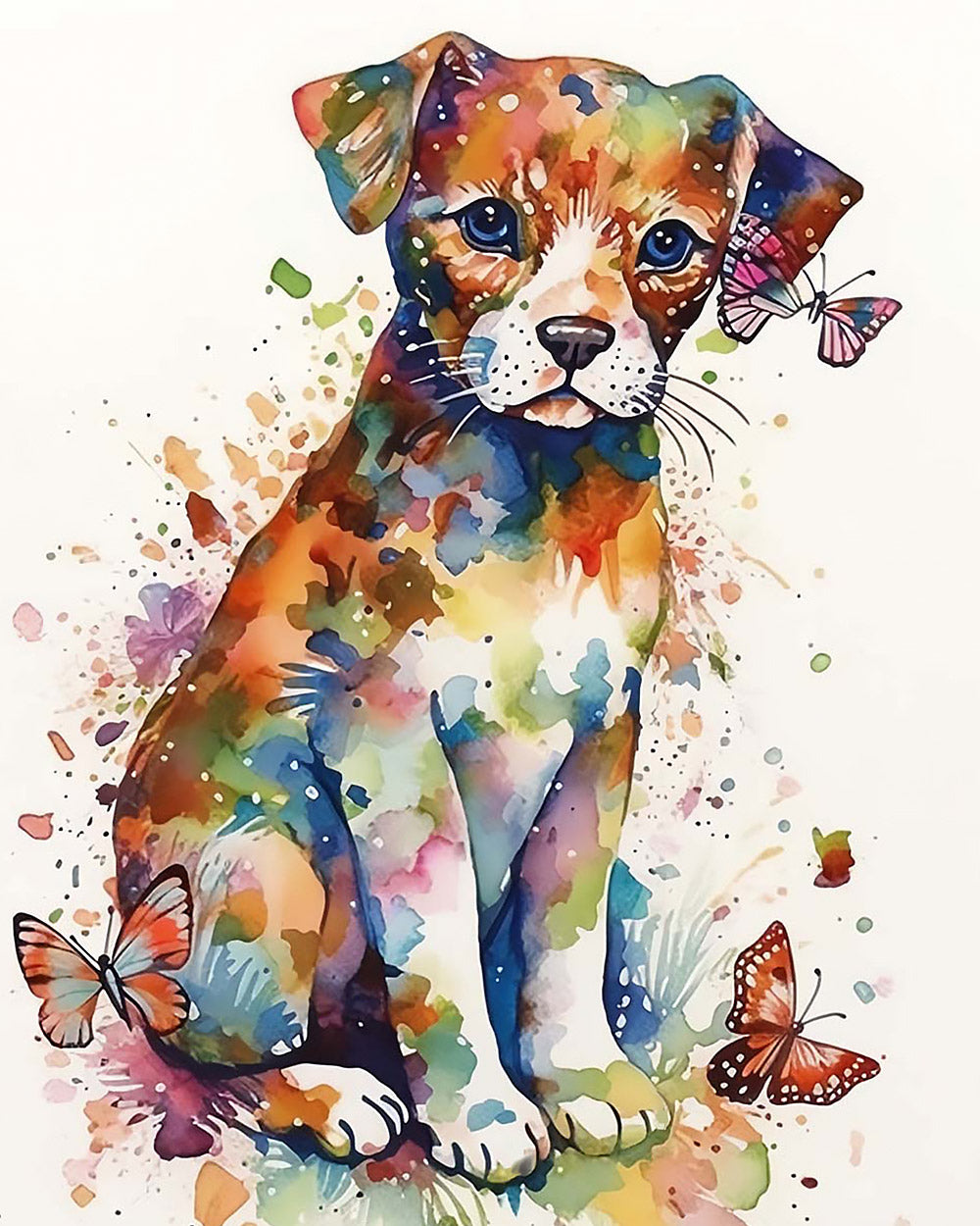 Colourful watercolour puppy and butterflies cross stitch kit for beginners