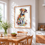 Colourful watercolour puppy and butterflies paint by numbers artwork displayed on wall as home decor