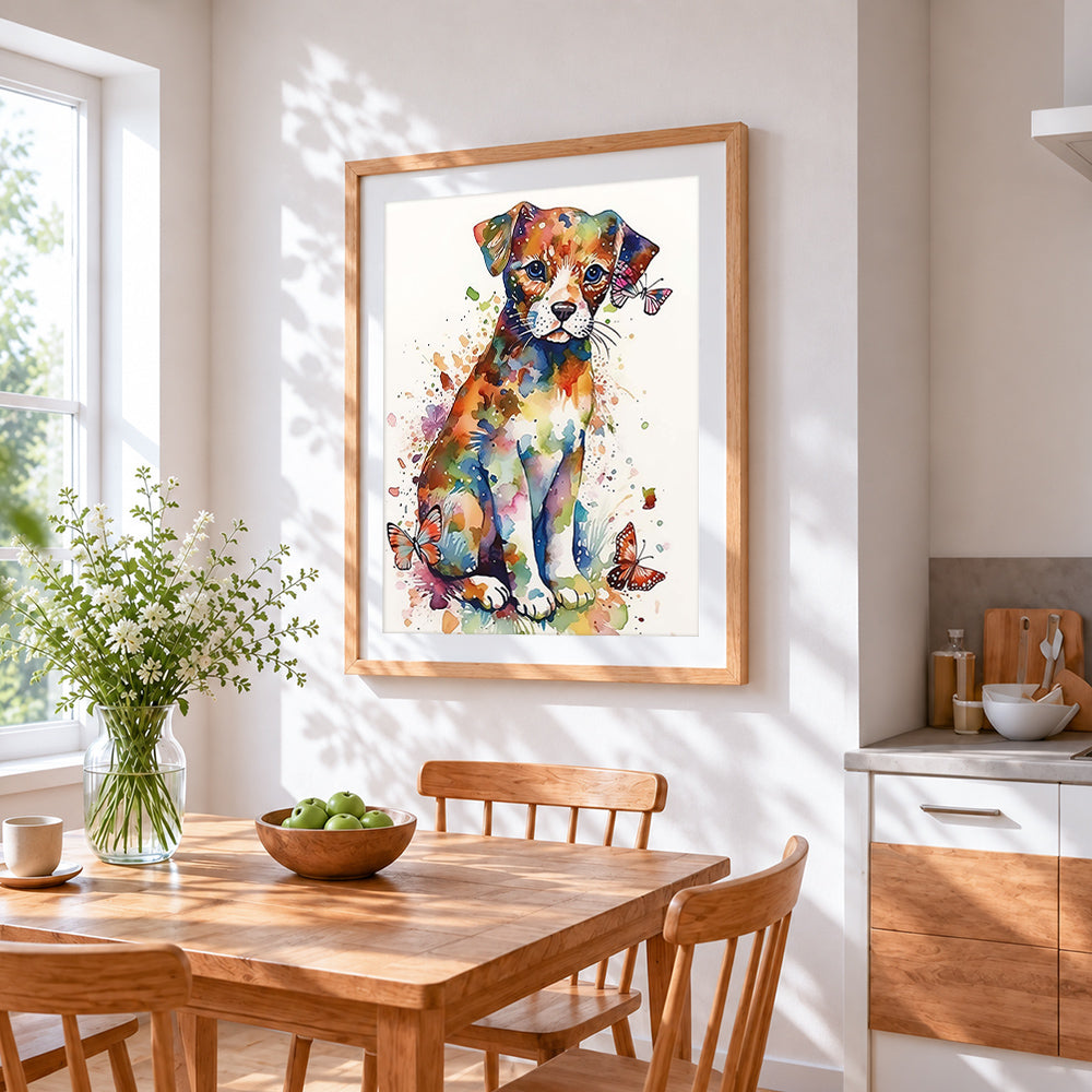 Colourful watercolour puppy and butterflies paint by numbers artwork displayed on wall as home decor