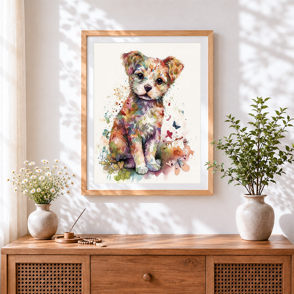 Finished colourful watercolour puppy with butterflies cross stitch artwork displayed