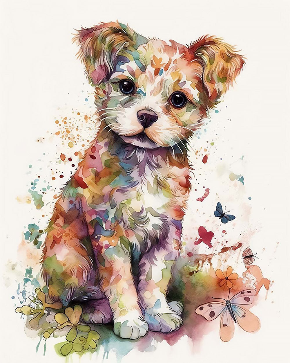 Colourful watercolour puppy with butterflies cross stitch kit for beginners