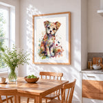 Colourful watercolour puppy with butterflies cross stitch artwork displayed on wall as home decor