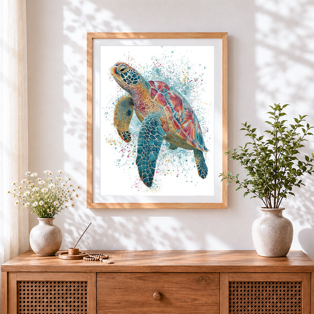 Finished colourful watercolour sea turtle cross stitch artwork displayed
