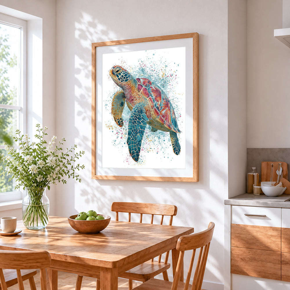 Colourful watercolour sea turtle cross stitch artwork displayed on wall as home decor