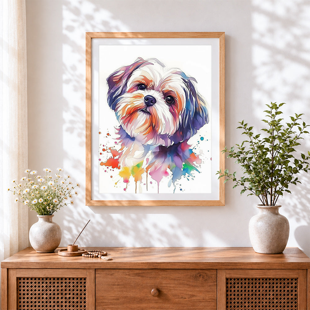 Finished colourful watercolour shih tzu cross stitch artwork displayed