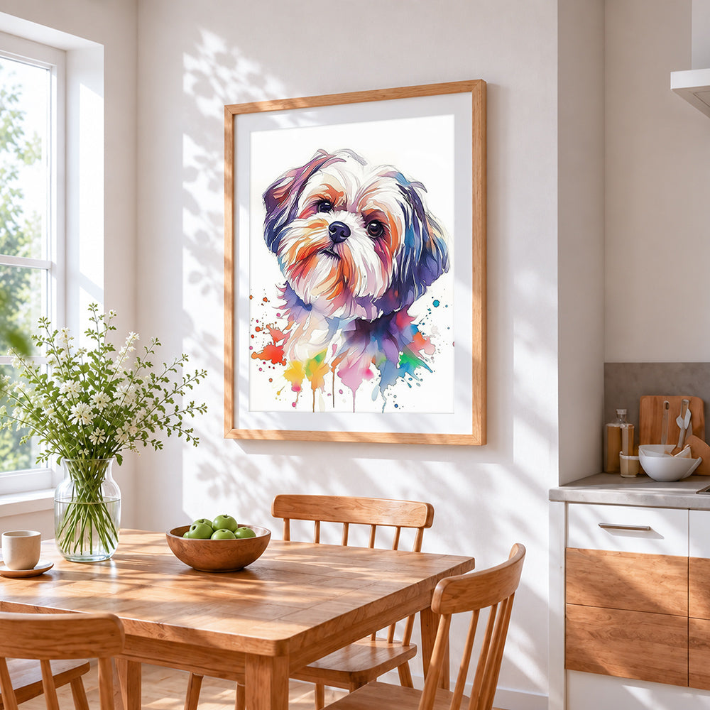 Colourful watercolour shih tzu paint by numbers artwork displayed on wall as home decor