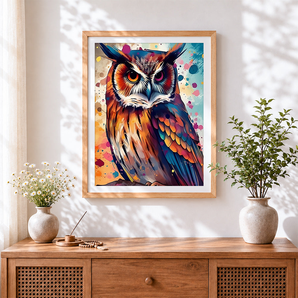 Finished colourful watercolour splash owl cross stitch artwork displayed