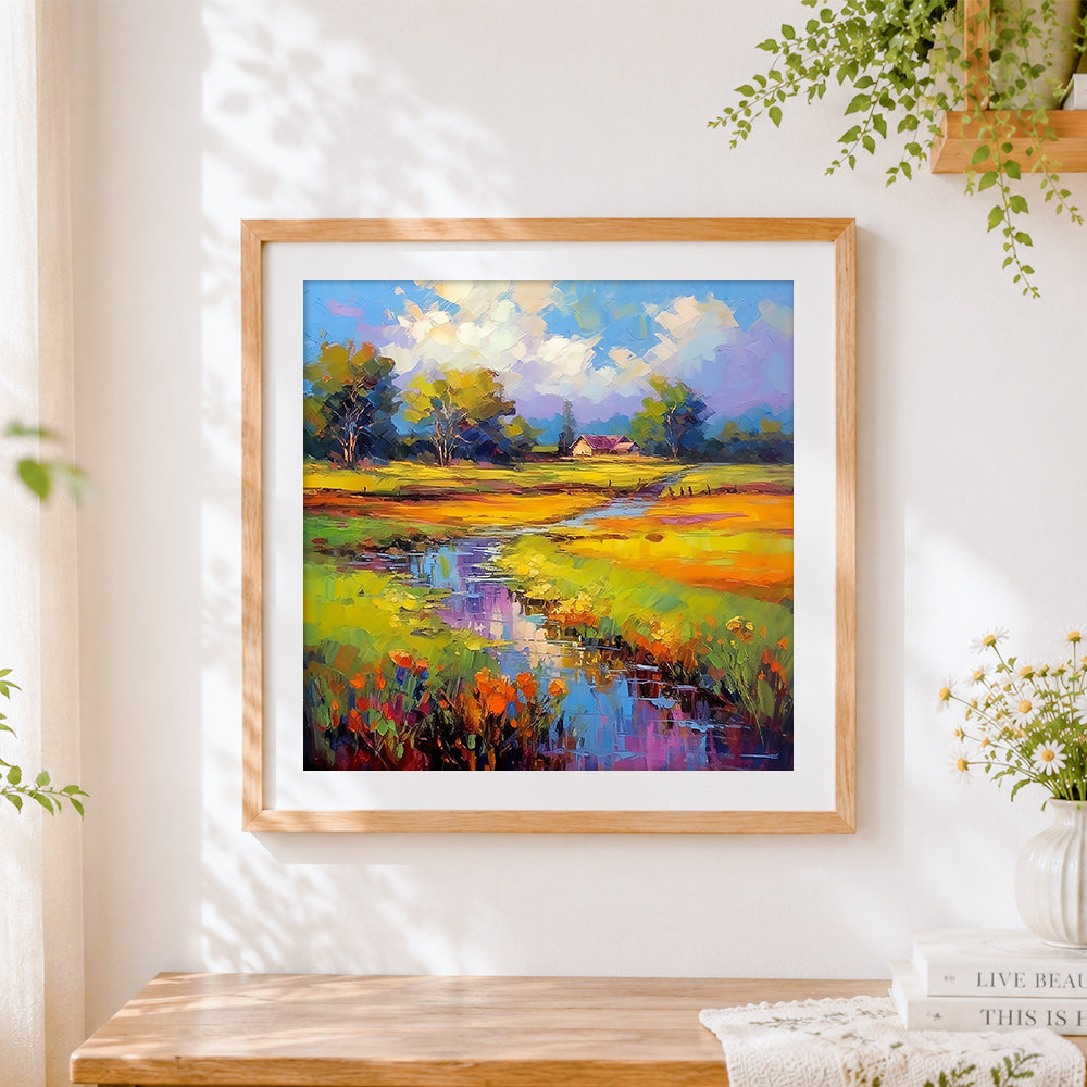 Finished colourful wetland landscape cross stitch artwork displayed