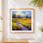 Finished colourful wetland landscape cross stitch artwork displayed