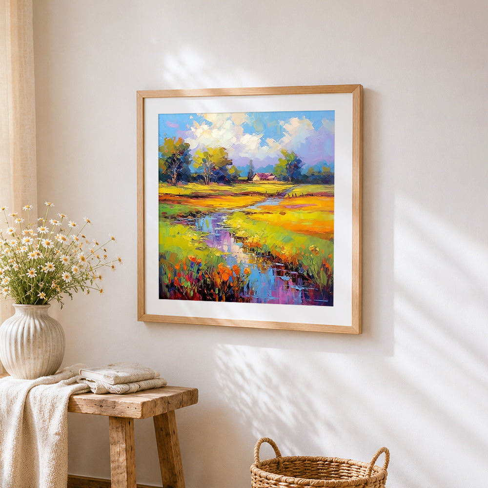 Colourful wetland landscape cross stitch artwork displayed on wall as home decor