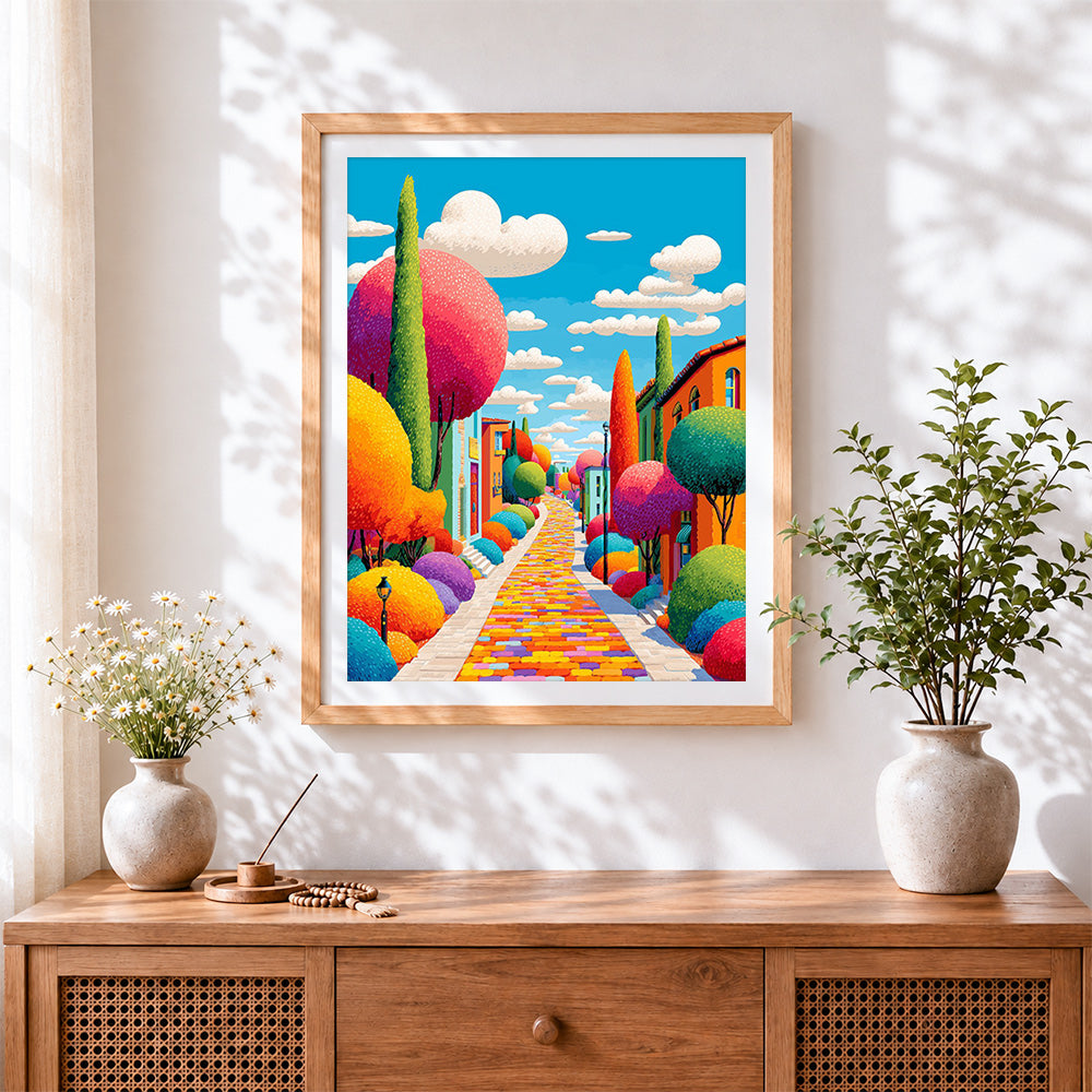 Finished colourful whimsical town street cross stitch artwork displayed