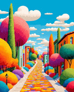 Colourful whimsical town street cross stitch kit for beginners