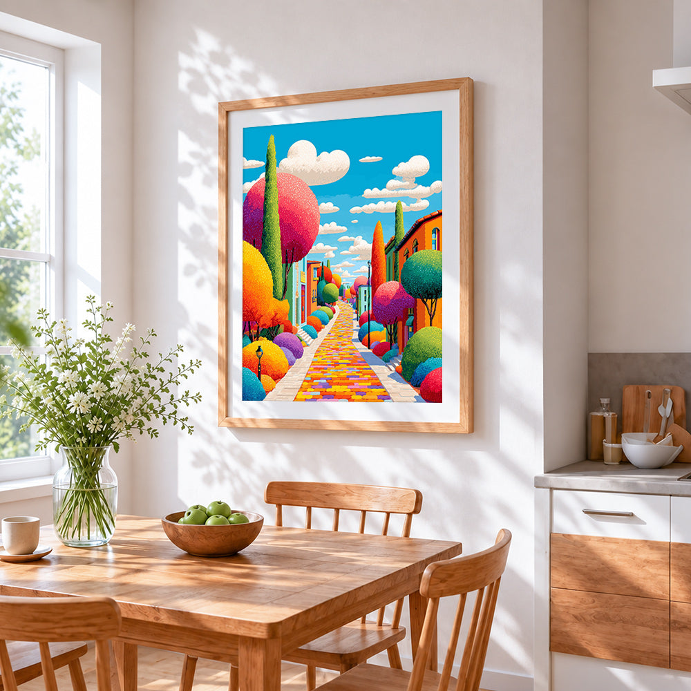 Colourful whimsical town street cross stitch artwork displayed on wall as home decor