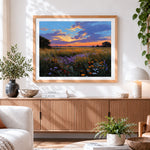 Finished colourful wildflower meadow at sunset cross stitch artwork displayed