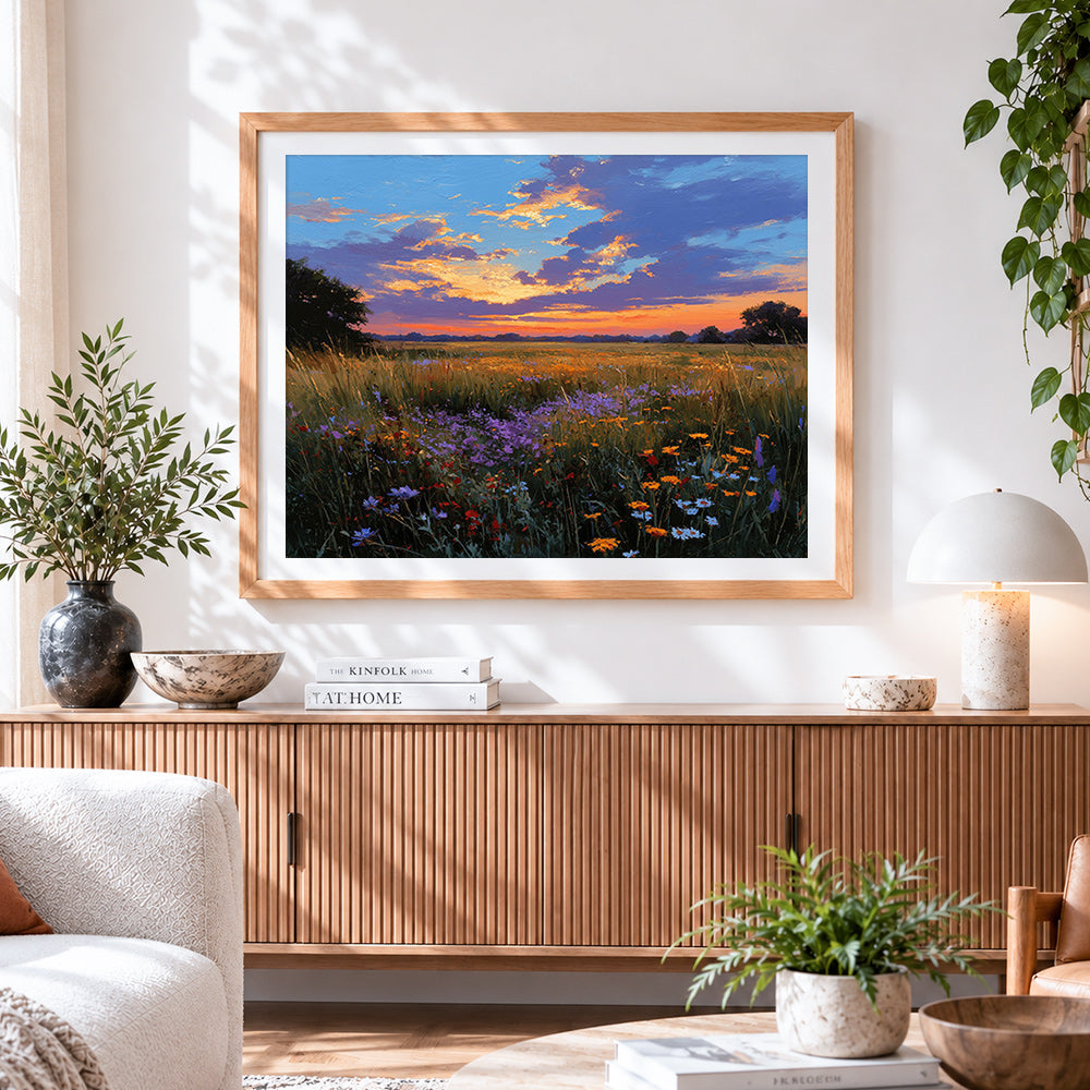 Finished colourful wildflower meadow at sunset cross stitch artwork displayed