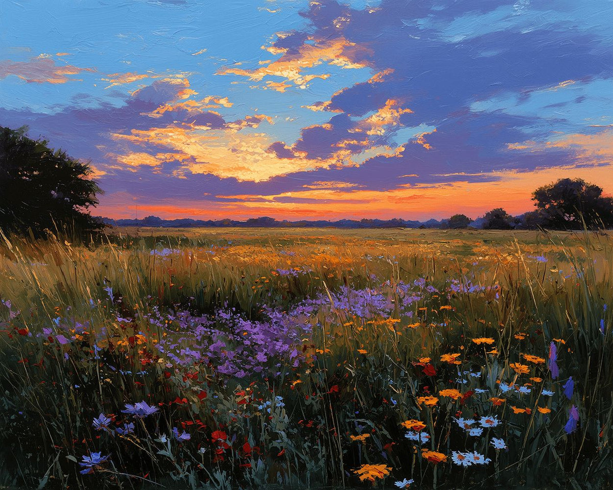 Colourful wildflower meadow at sunset cross stitch kit for beginners