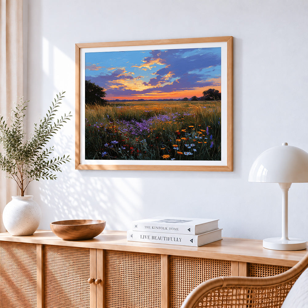 Colourful wildflower meadow at sunset cross stitch artwork displayed on wall as home decor