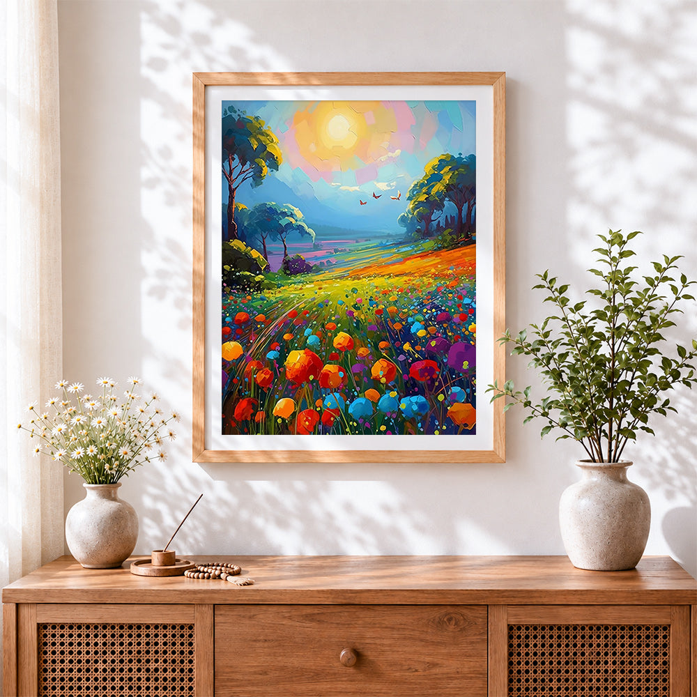 Finished colourful wildflower meadow cross stitch artwork displayed