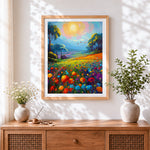 Finished colourful wildflower meadow cross stitch artwork displayed