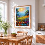 Colourful wildflower meadow cross stitch artwork displayed on wall as home decor