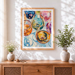 Finished colourful wine glasses cross stitch artwork displayed
