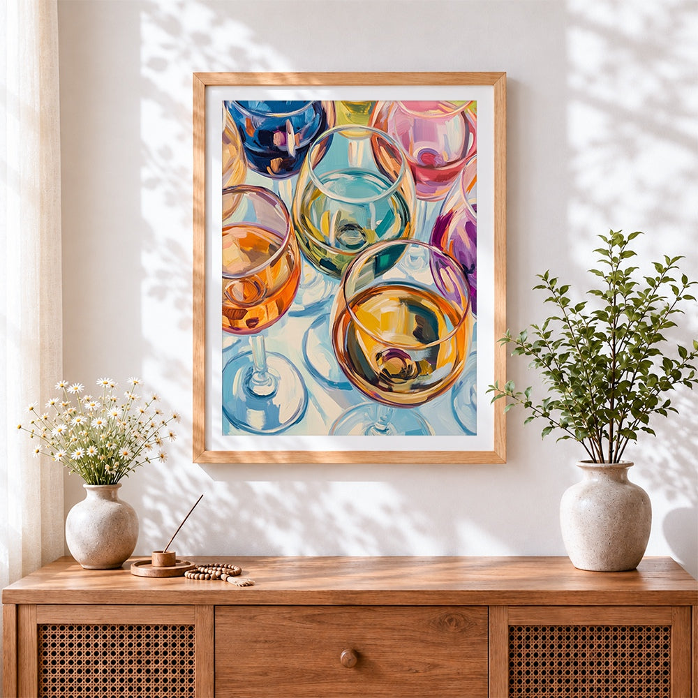 Finished colourful wine glasses cross stitch artwork displayed