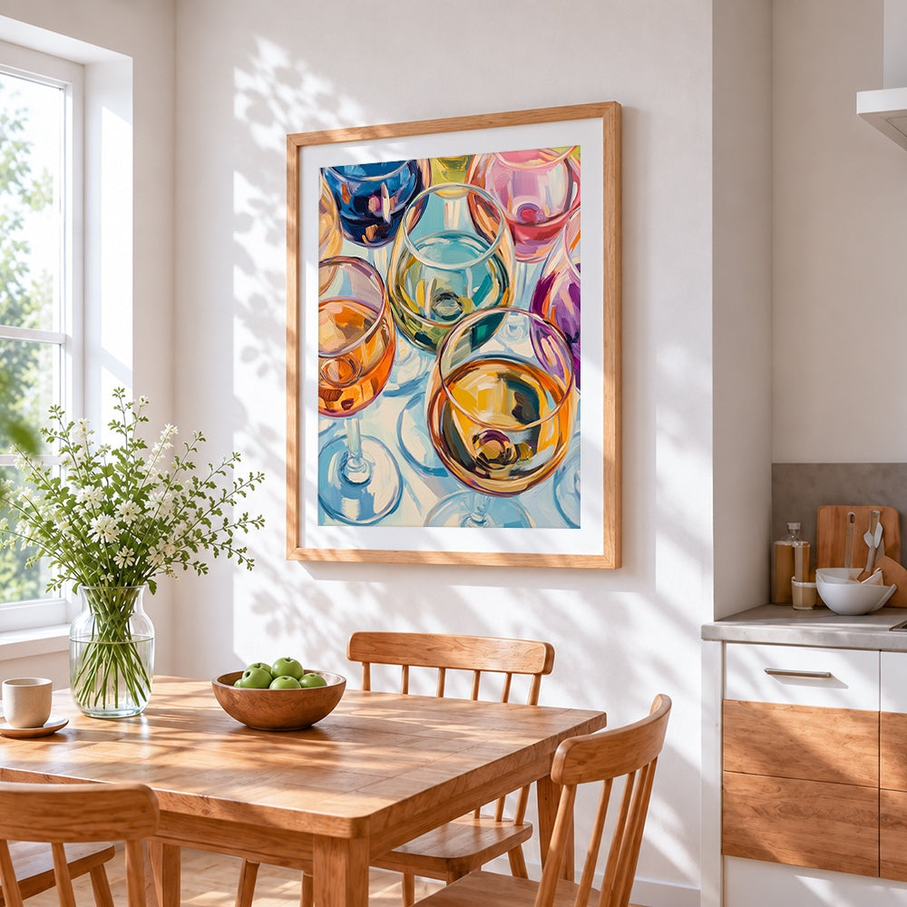 Colourful wine glasses cross stitch artwork displayed on wall as home decor