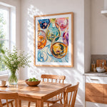 Colourful wine glasses cross stitch artwork displayed on wall as home decor