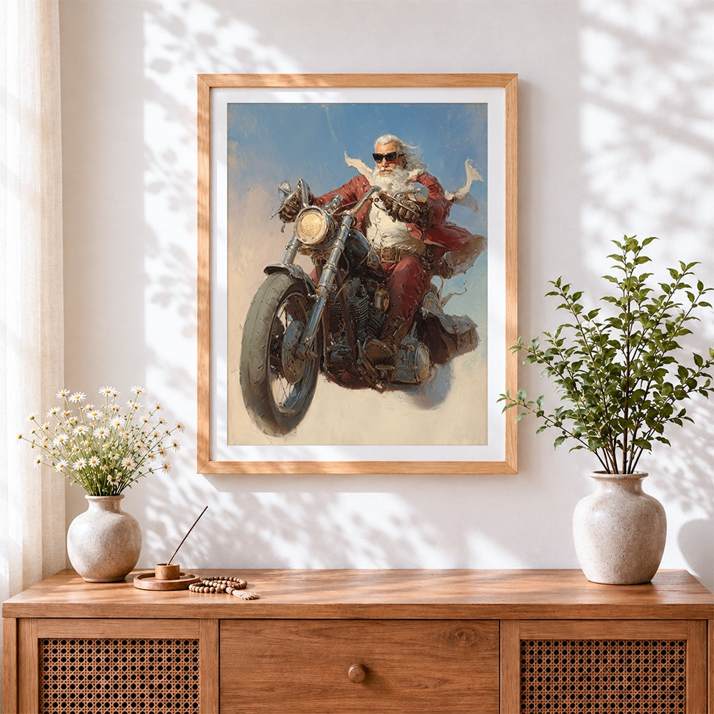 Finished cool biker santa claus cross stitch artwork displayed