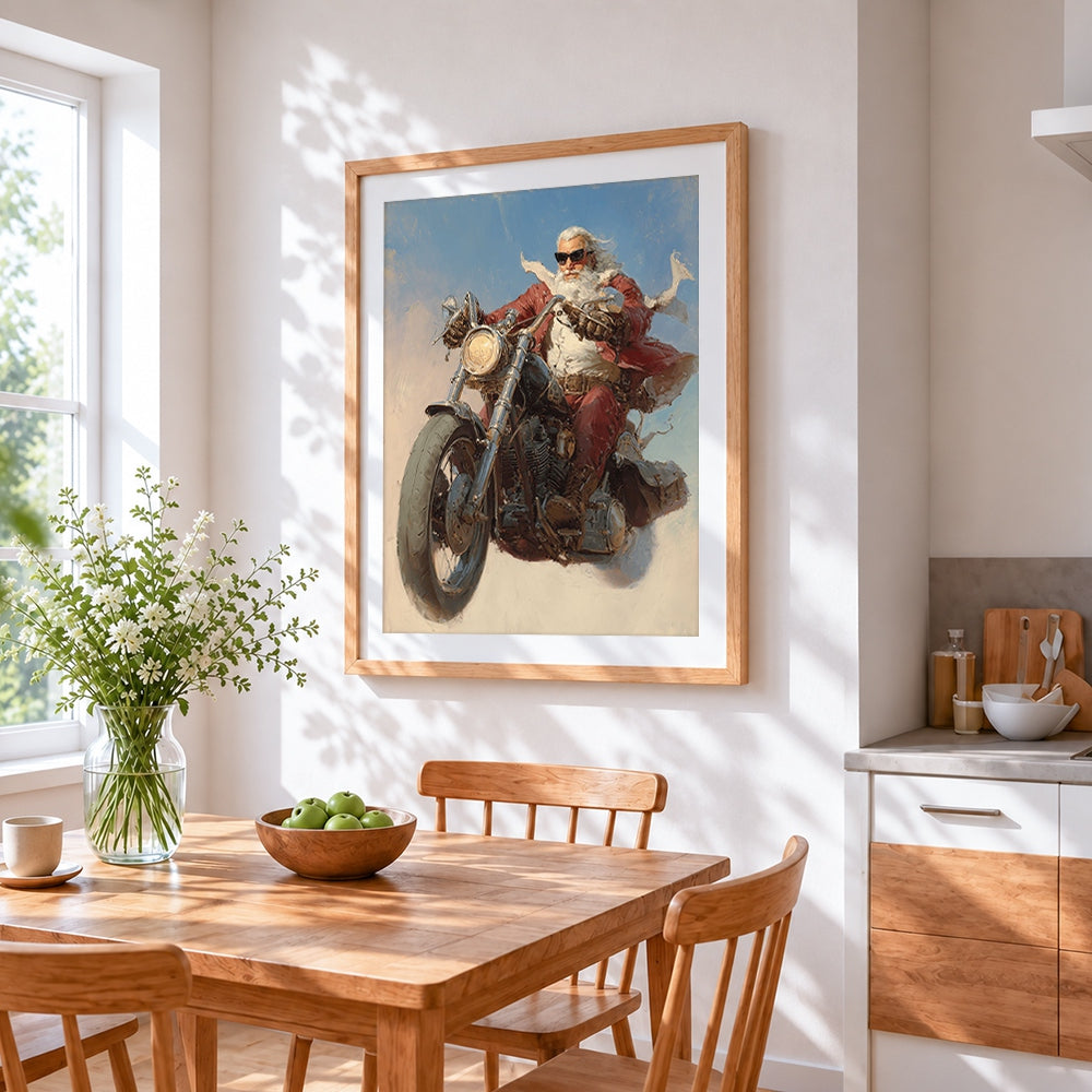 Cool biker santa claus cross stitch artwork displayed on wall as home decor