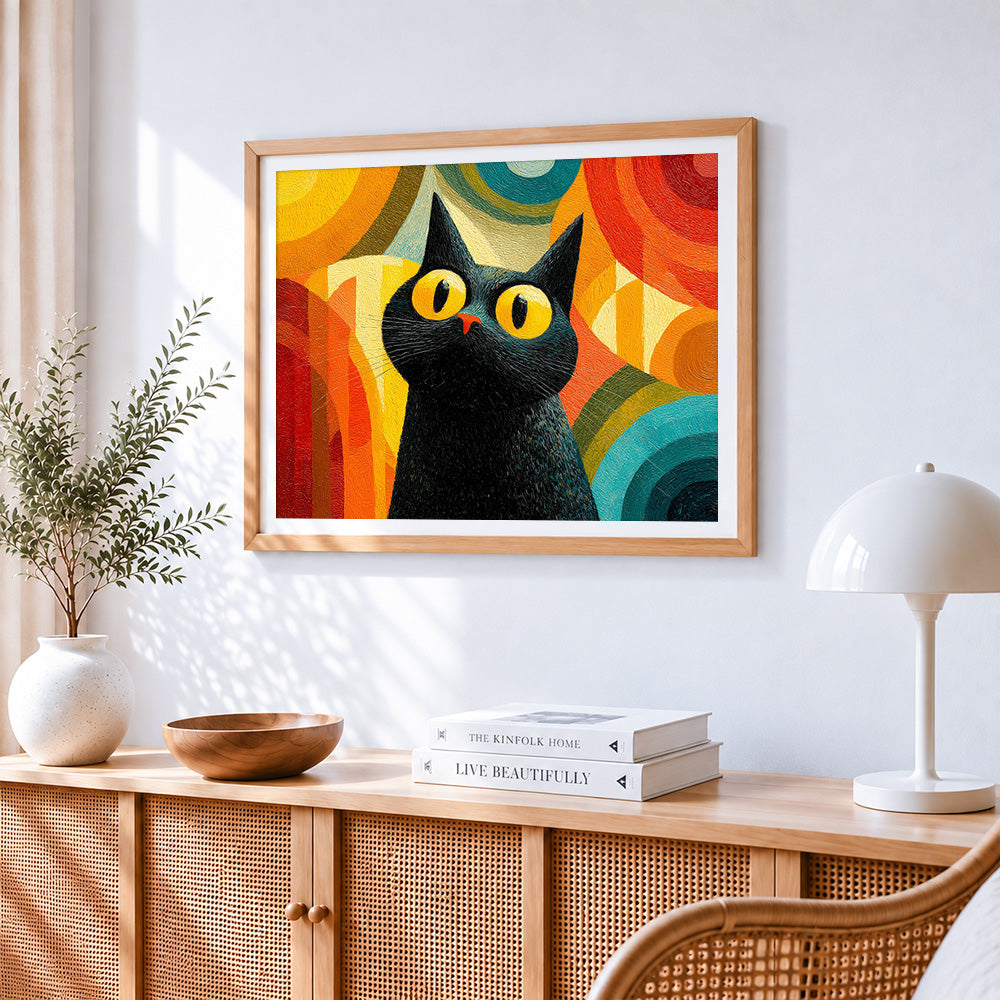 Cool black cat with yellow eyes cross stitch artwork displayed on wall as home decor