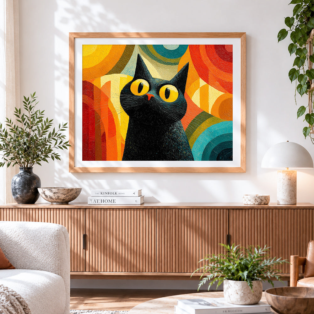 Finished cool black cat with yellow eyes paint by numbers artwork displayed as home decor