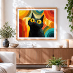 Finished cool black cat with yellow eyes paint by numbers artwork displayed as home decor
