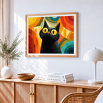 Cool black cat with yellow eyes paint by numbers artwork displayed on wall as home decor